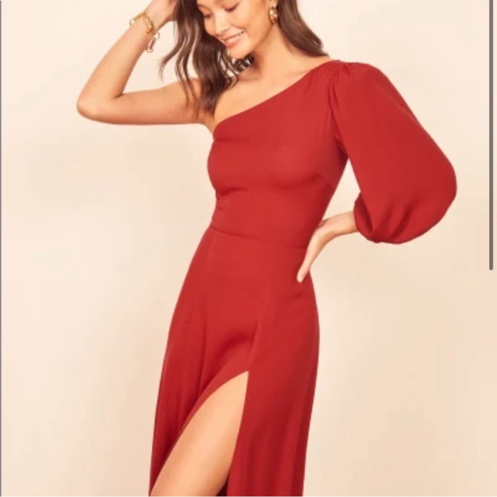 Reformation Red Lawrence One Shoulder High Slit MIDI Dress Sz 2 - Picture 2 of 10